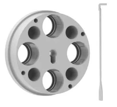 Nástrojová hlava se čtyřmi pozicemi pro matrice LEE 4 HOLE ULTIMATE TOOL CARRIER a indexovací tyčí 4 HOLE INDEX ROD. Náhradní díl pro přebíjecí lis Lee Ultimate Turret Press (#91910).